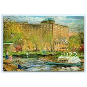 Postcard Swan Boats Painting‎ Pastel Kamil Kubik Boston Park Hotel Garden MA